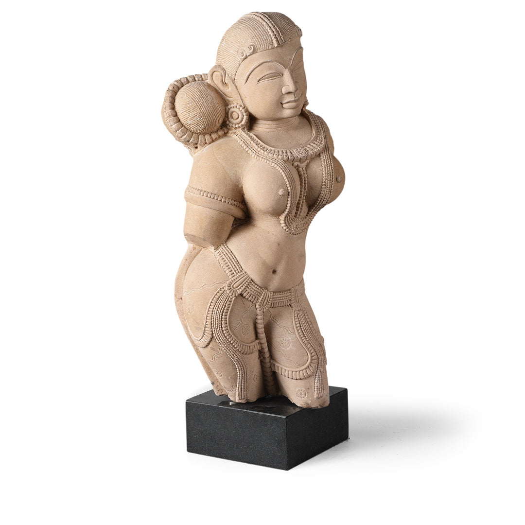 Angled VIew Of Carved Stone Apsara Statue From India | Indigo Antiques