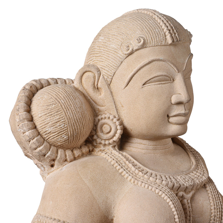 Angled Face And Hair Detail From Carved Stone Apsara Statue From India | Indigo Antiques
