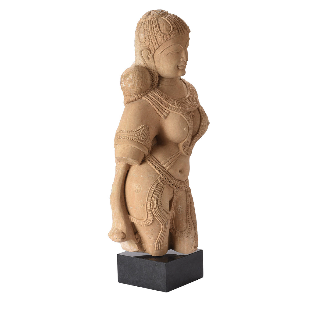 Angled View Of A Beautifully Carved Stone Apsara | Indigo Antiques