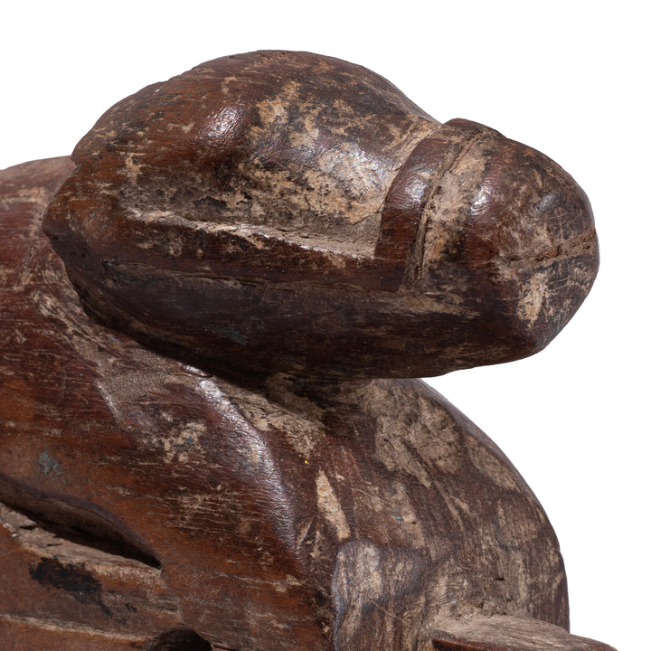 Face Detail From Old Stylised Carved Teak Nandi Bull Figure From Andhra Pradesh