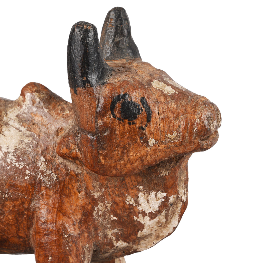 Face Detail From Antique Painted Indian Wooden Nandi Bull Toy  | INDIGO ANTIQUES