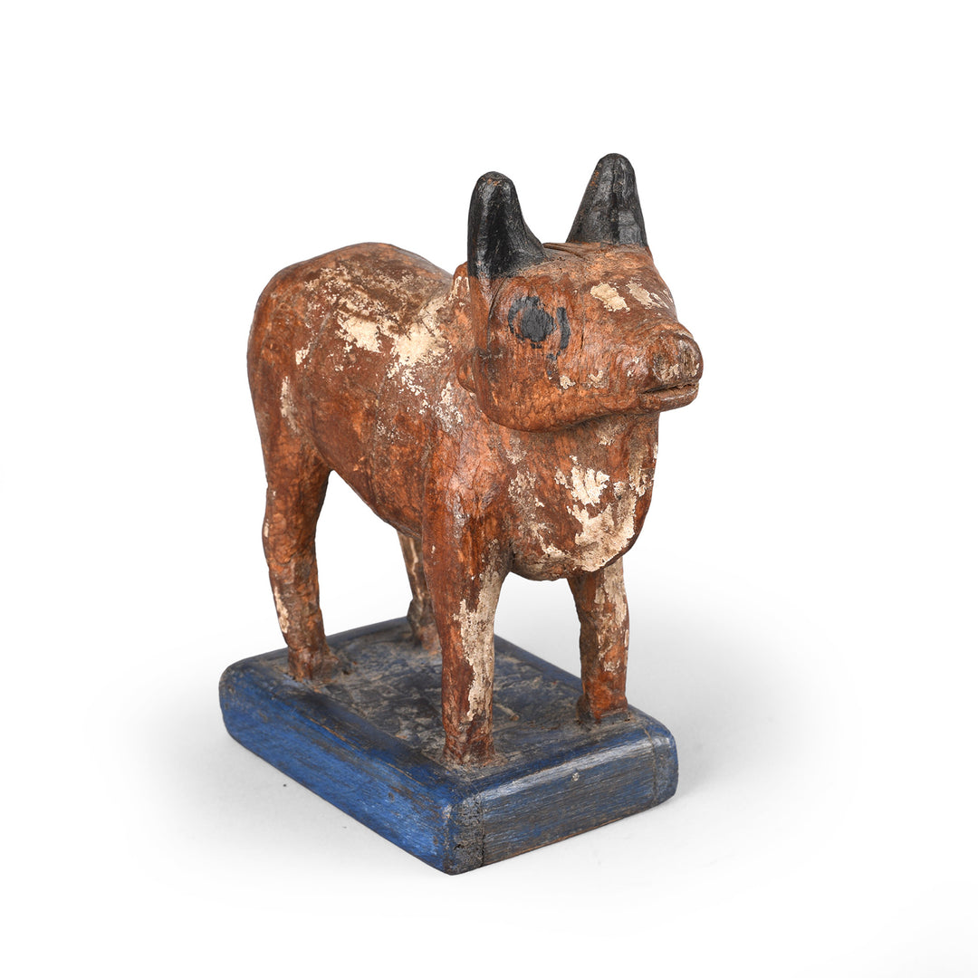 Angled View Of Antique Painted Indian Wooden Nandi Bull Toy  | INDIGO ANTIQUES