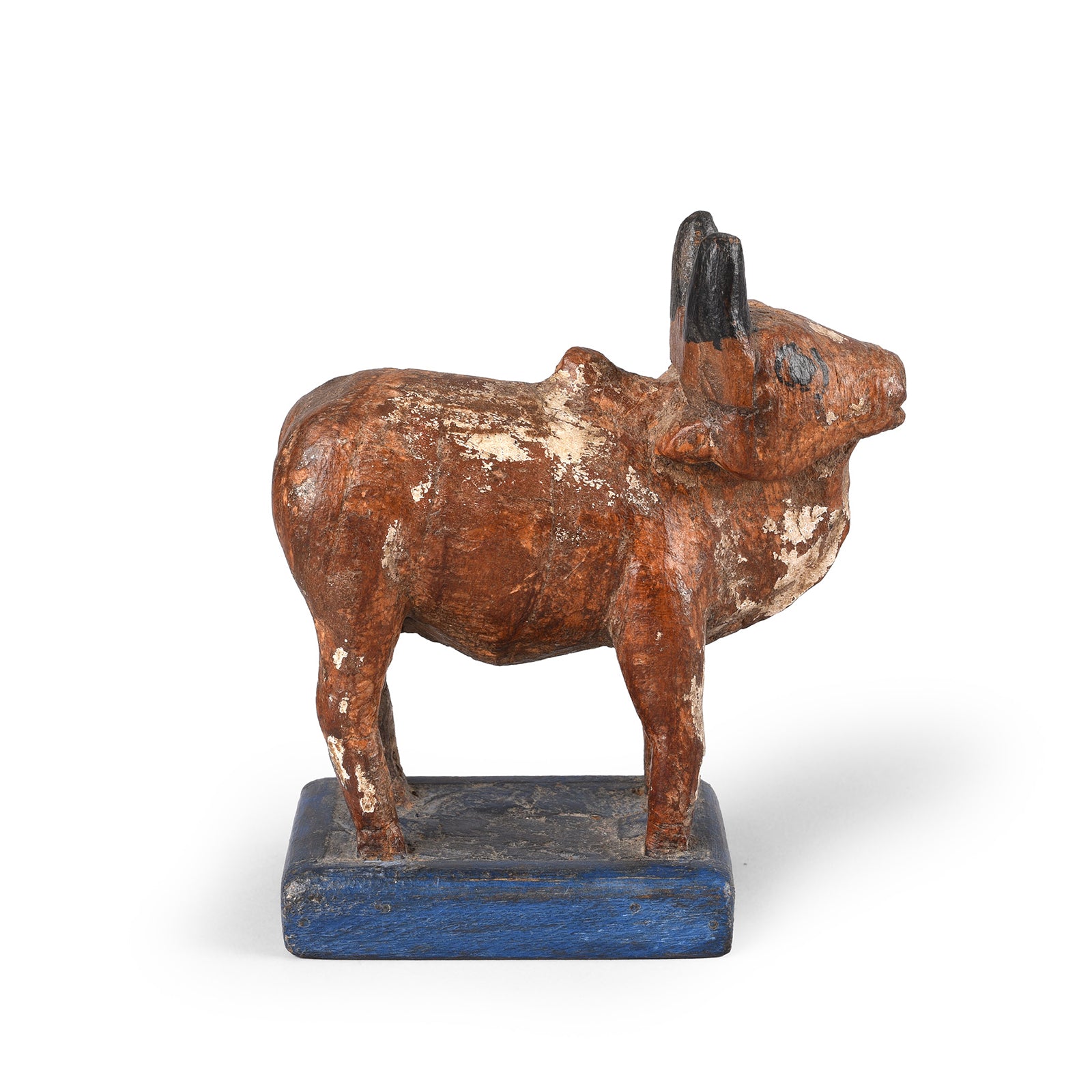 Angled View Of Antique Painted Indian Wooden Nandi Bull Toy  | INDIGO ANTIQUES