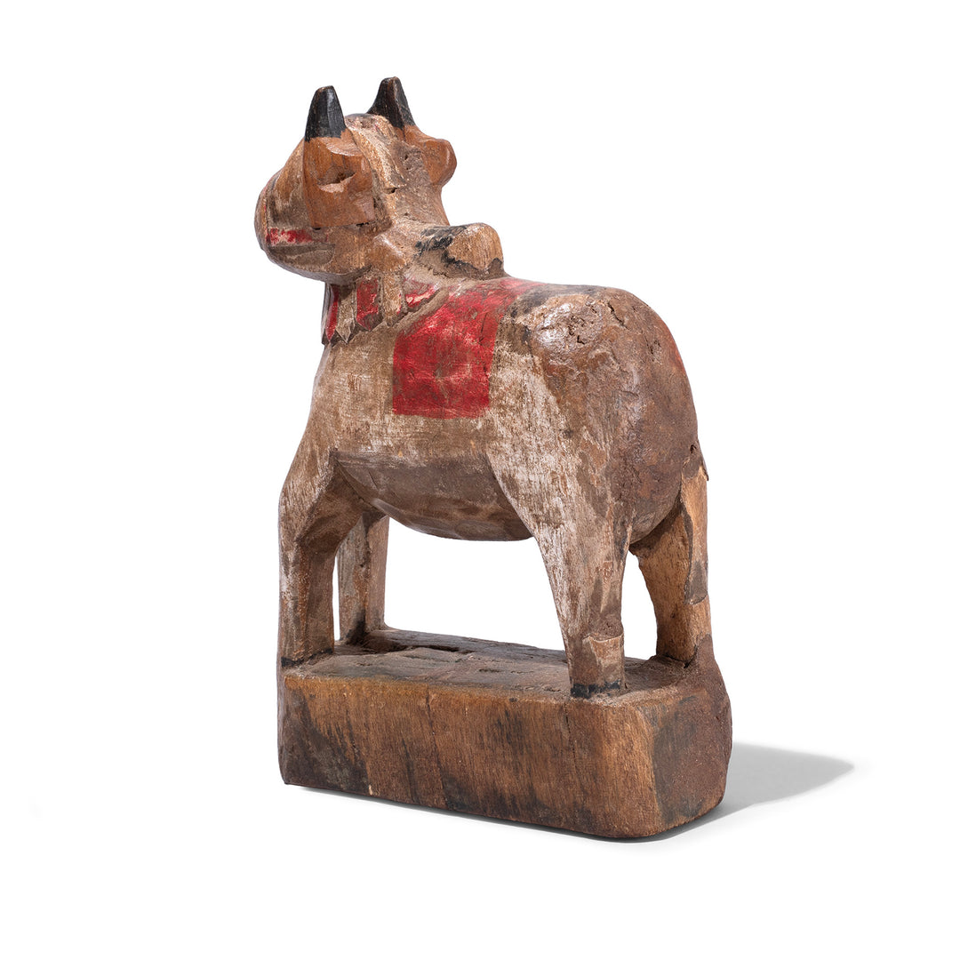Rear View Of Old Carved And Painted Teak Nandi Bull Toy From Andhra Pradesh