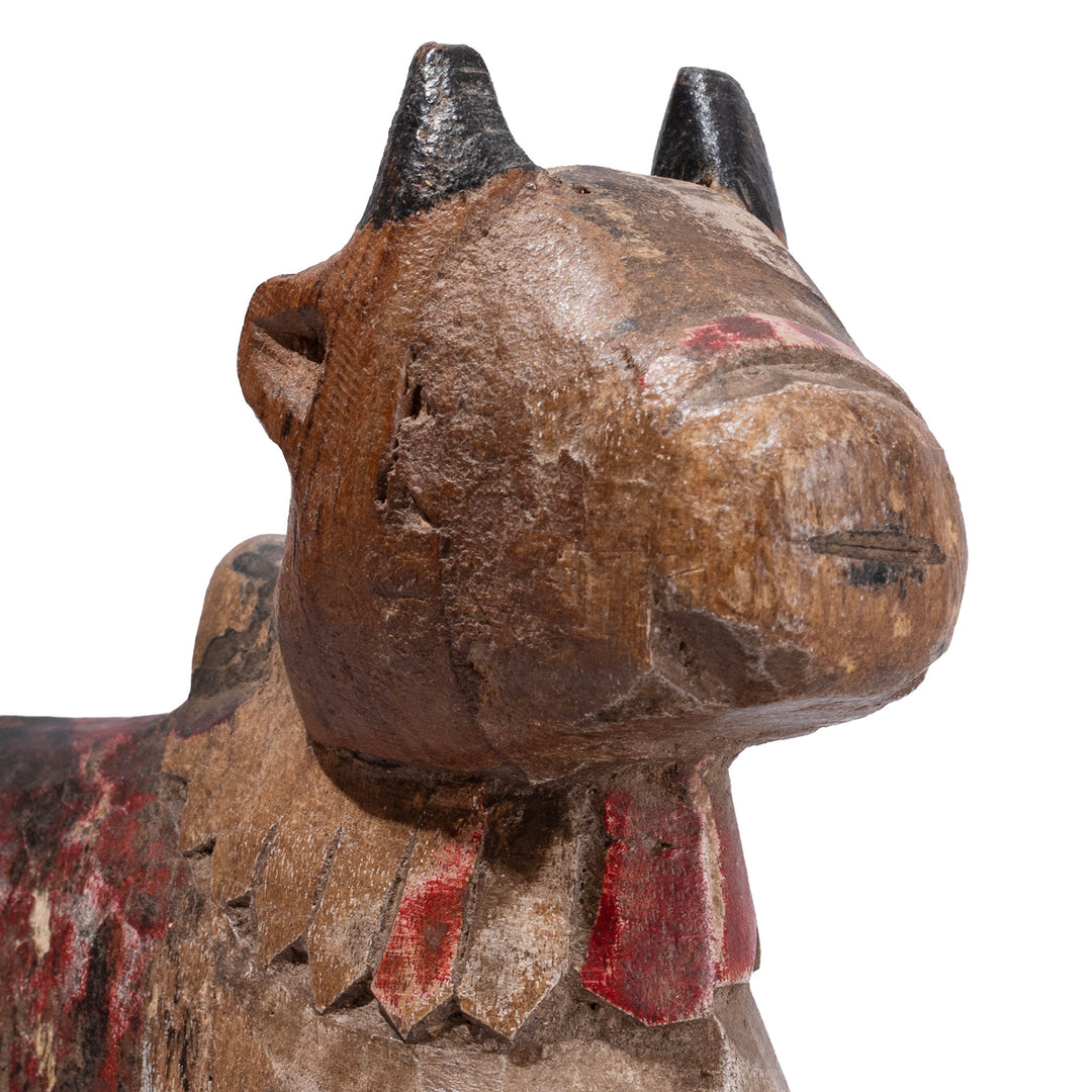 Face Detail From Old Carved And Painted Teak Nandi Bull Toy From Andhra Pradesh