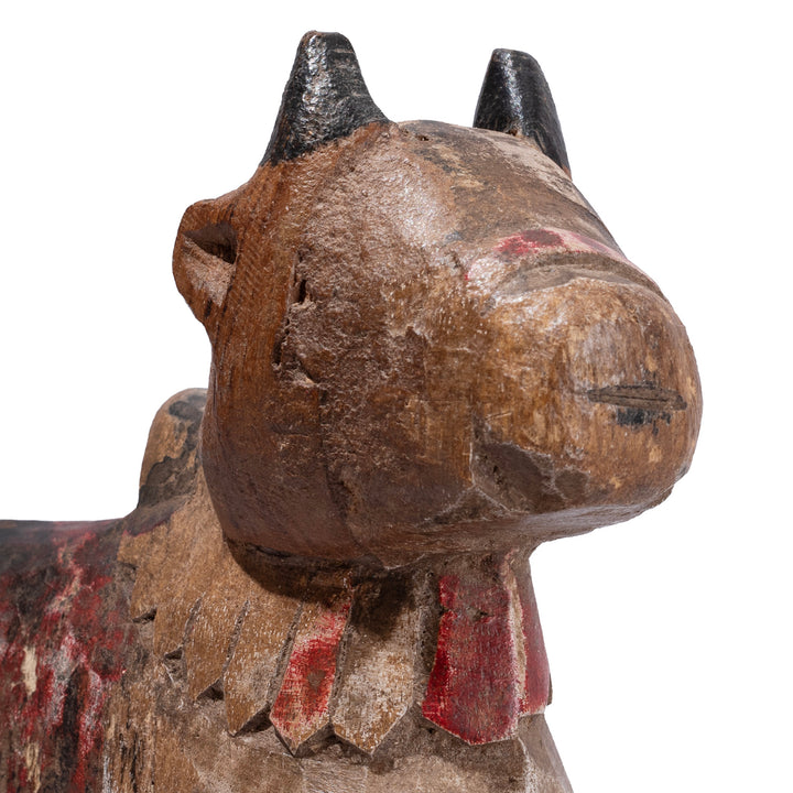 Face Detail From Old Carved And Painted Teak Nandi Bull Toy From Andhra Pradesh