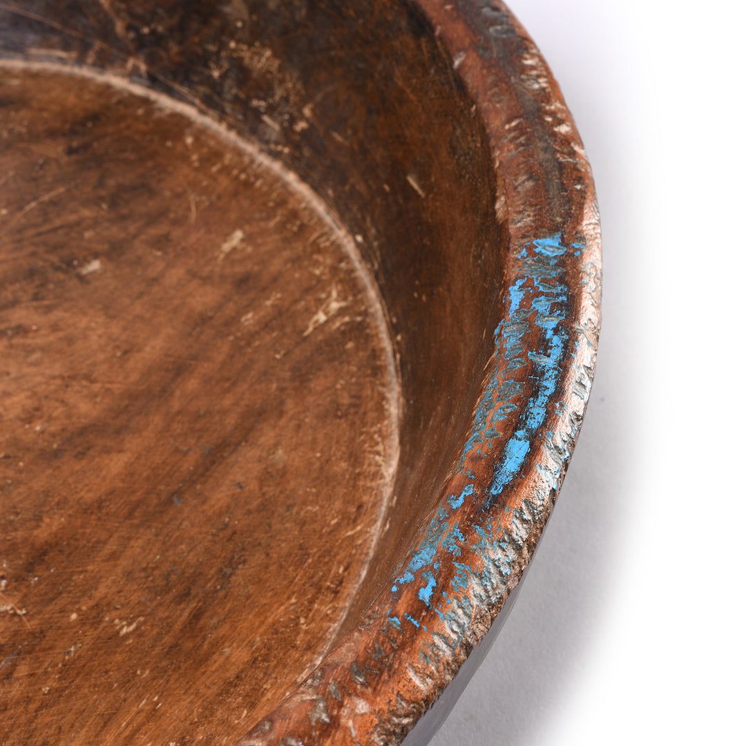 Blue Paint on Old Indian Teak Parat Bowl From Rajasthan| Indigo Antiques