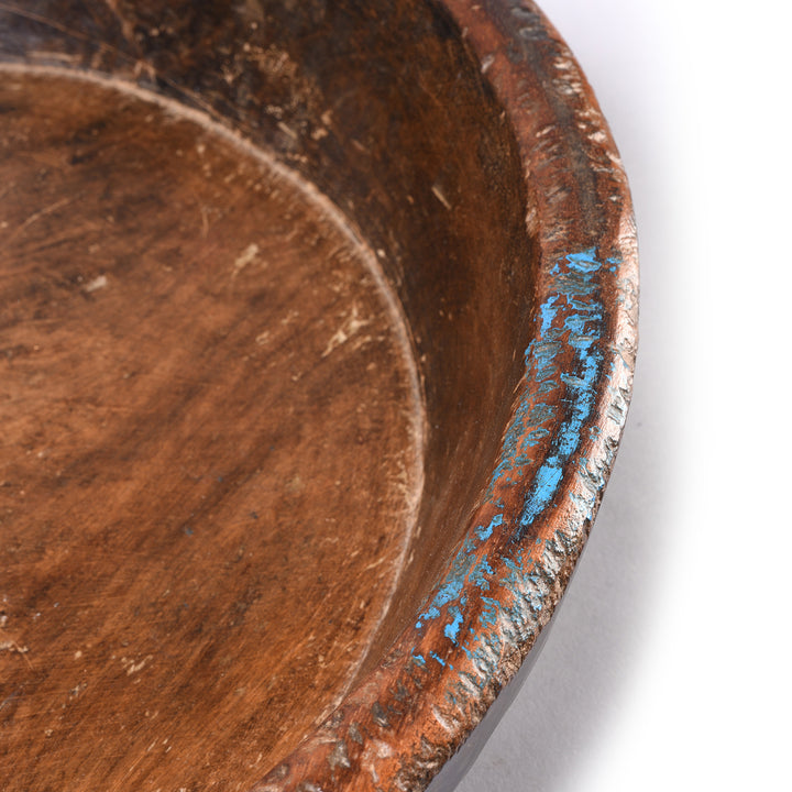 Blue Paint on Old Indian Teak Parat Bowl From Rajasthan| Indigo Antiques