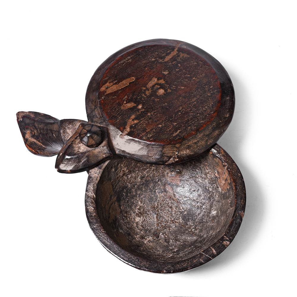 Open Lid VIew Of Antique Carved Teak Peacock Tika Box From Banswara Tribal Region - 19th Century | Indigo Antiques