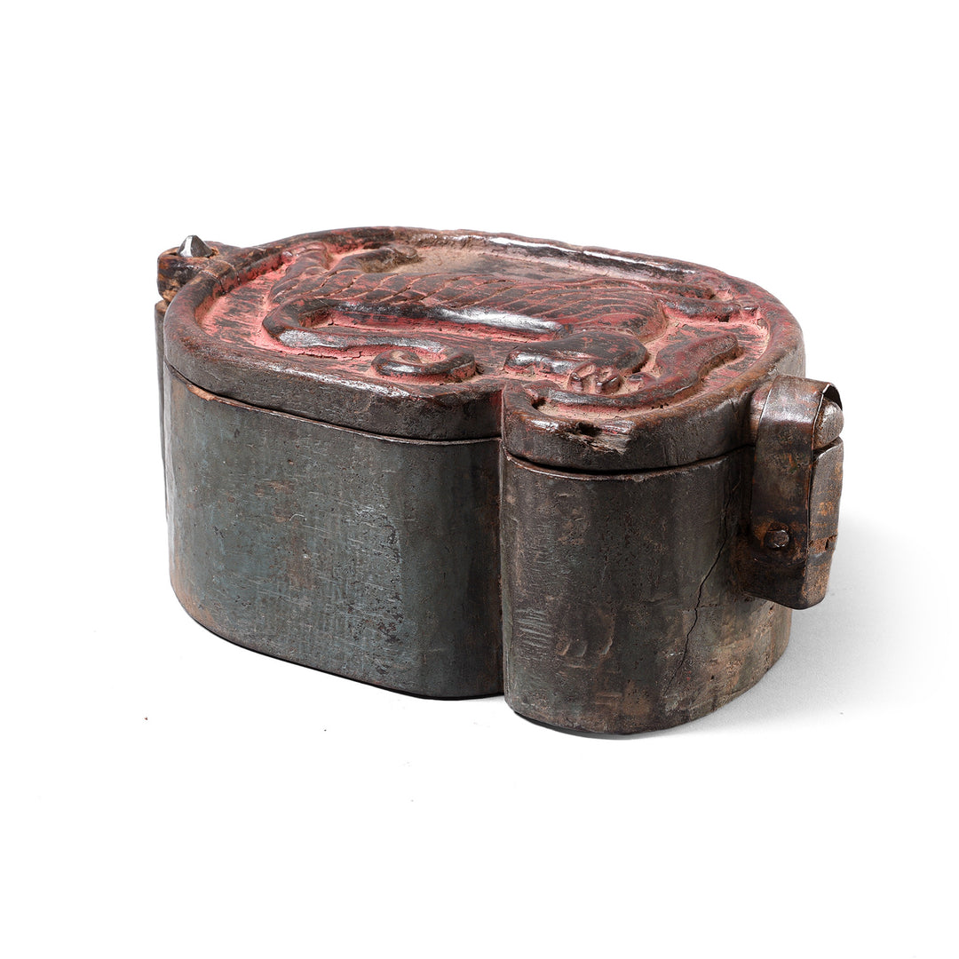 Angled VIew Of Antique Carved Teak Tika Box From Banswara, Rajasthan - 19th Century | Indigo Antiques