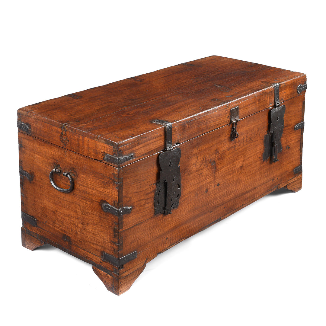 Angled VIew Of Antique Indo-Portugese Forest Teak Chest | Indigo Antiques