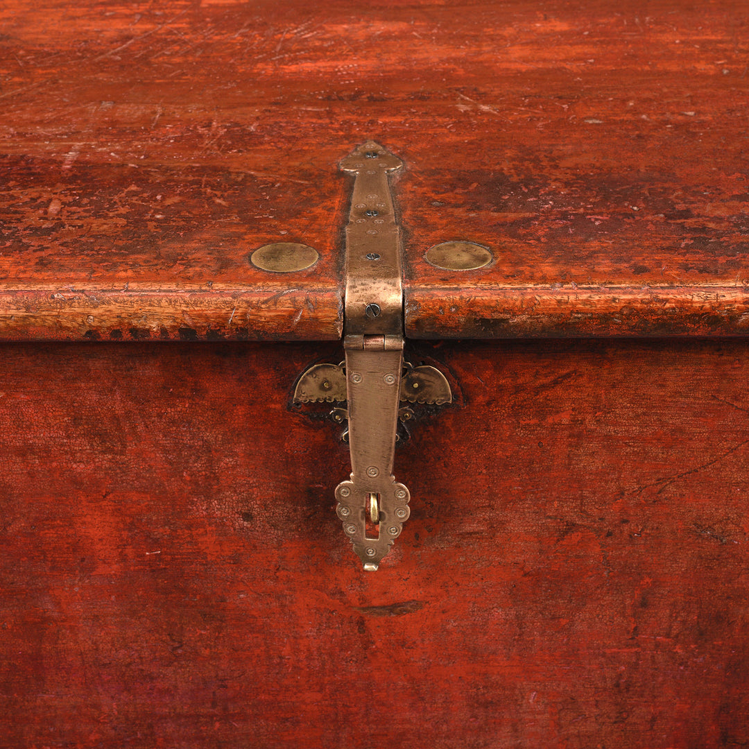 Latch Detail From Antique Red Lacquer Camphor Chinese Chest From India - 18th Century | Indigo Antiques