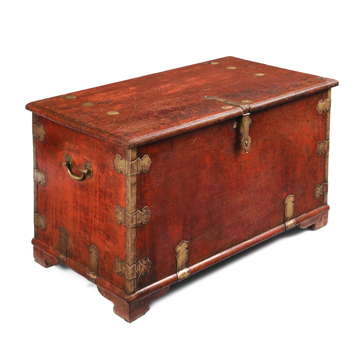 Angled View Of Antique Red Lacquer Camphor Chinese Chest From India - 18th Century | Indigo Antiques