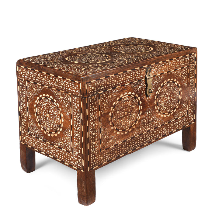 Angled View Of Antique Old Indian Bone Inlay Teak Chest - 19th Century | Indigo Antiques