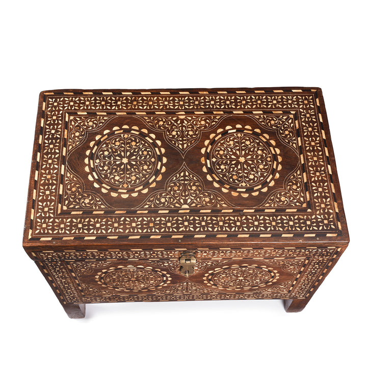 Top Down View Of Antique Old Indian Bone Inlay Teak Chest - 19th Century | Indigo Antiques