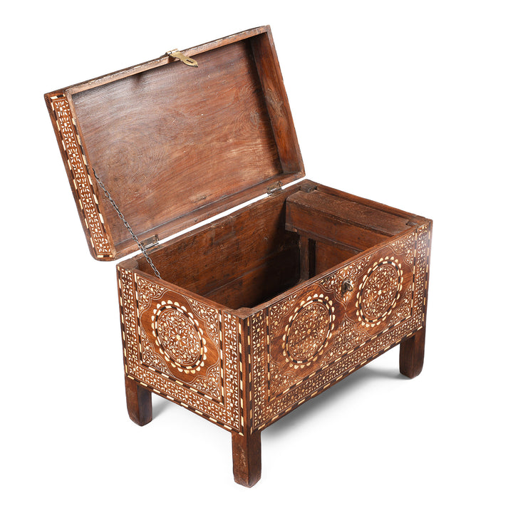 Open View Of Antique Old Indian Bone Inlay Teak Chest - 19th Century | Indigo Antiques