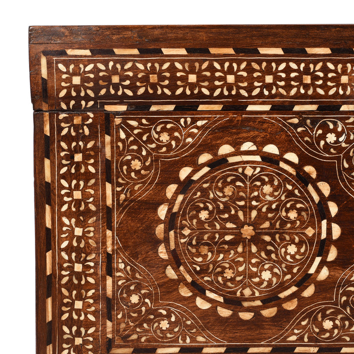 Corner Detail From Antique Old Indian Bone Inlay Teak Chest - 19th Century | Indigo Antiques