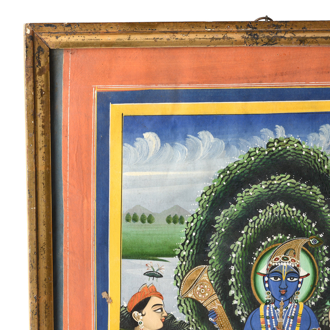 Corner Detail From Antique Framed Watercolour Painting Of Krishna Playing A Horn - 19th Century | Indigo Antiques