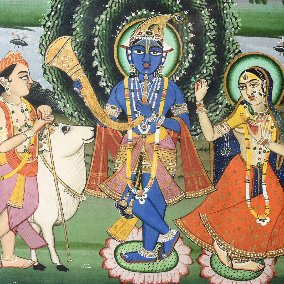 Krishna Detail From Antique Framed Watercolour Painting Of Krishna Playing A Horn - 19th Century | Indigo Antiques