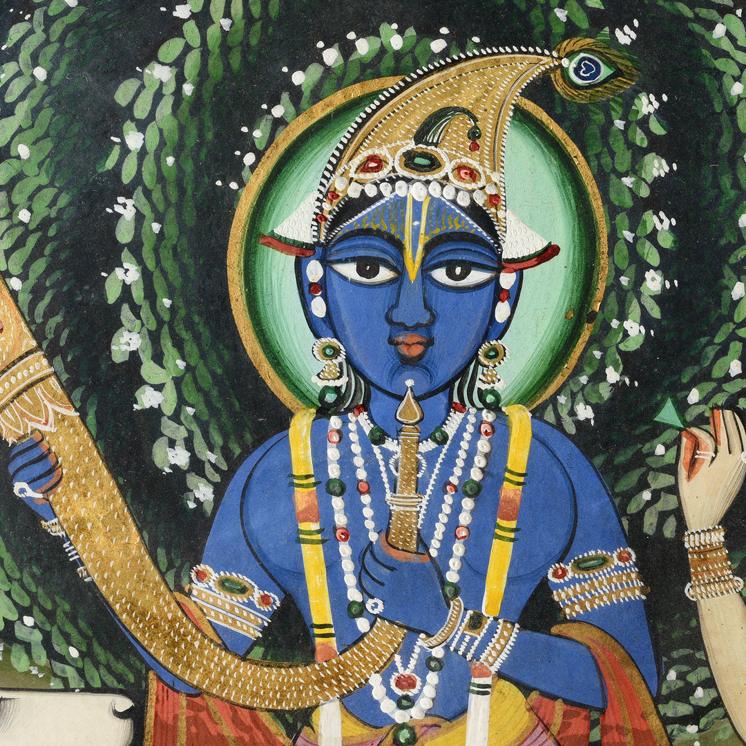 Krishna Detail From Antique Framed Watercolour Painting Of Krishna Playing A Horn - 19th Century | Indigo Antiques