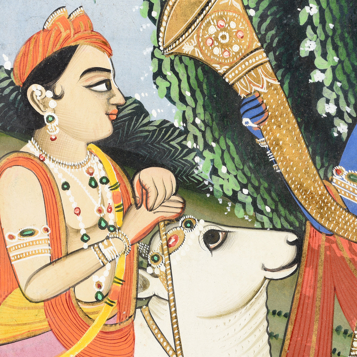 Detail From Antique Framed Watercolour Painting Of Krishna Playing A Horn - 19th Century | Indigo Antiques