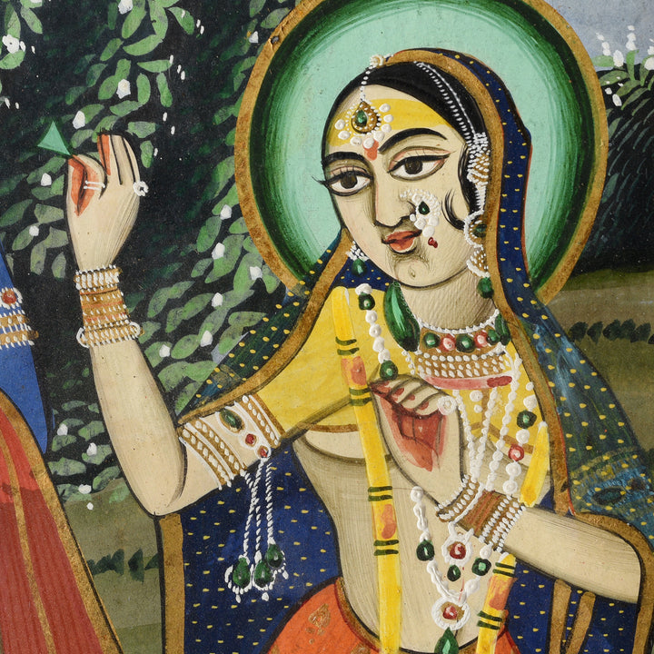 Rahda Detail From Antique Framed Watercolour Painting Of Krishna Playing A Horn - 19th Century | Indigo Antiques