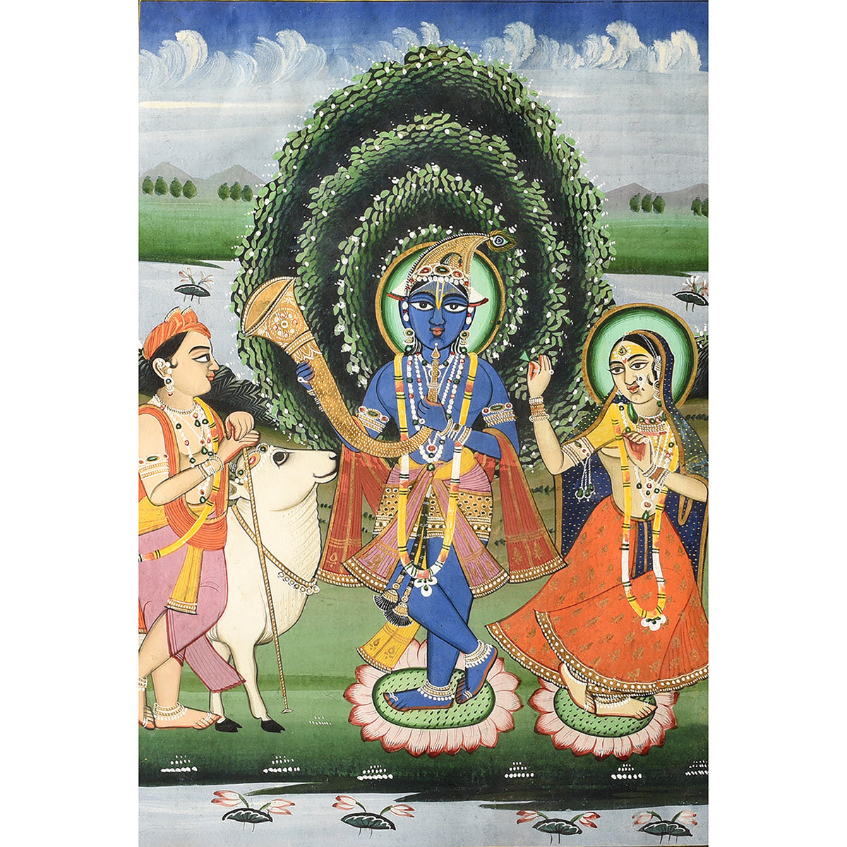 Antique Indian Framed Jaipur School Painting Of Krishna Playing A Horn - 19th Century | Indigo Antiques