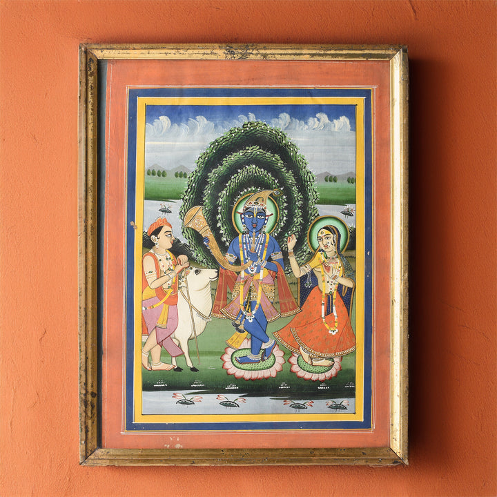 Antique Indian Framed Jaipur School Painting Of Krishna Playing A Horn - 19th Century | Indigo Antiques