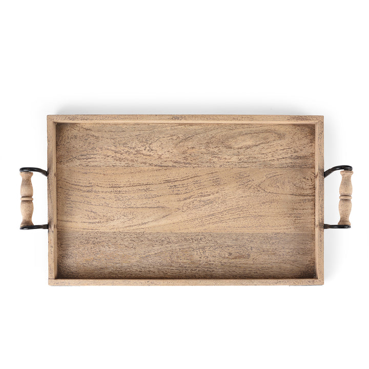 Top Down View Of Limed Mango Wood Tray with Iron handles | Indigo Antiques