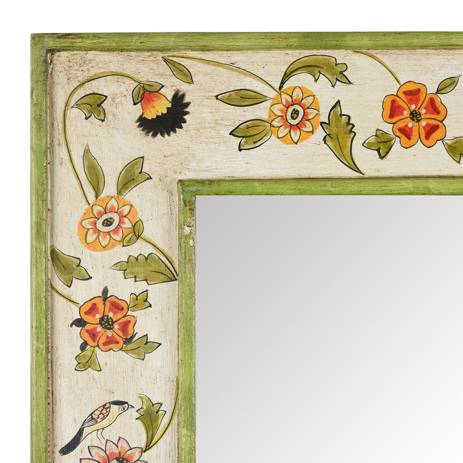 Corner Detail From Hand Painted Chintz Style Mirror From Rajasthan | Indigo Antiques