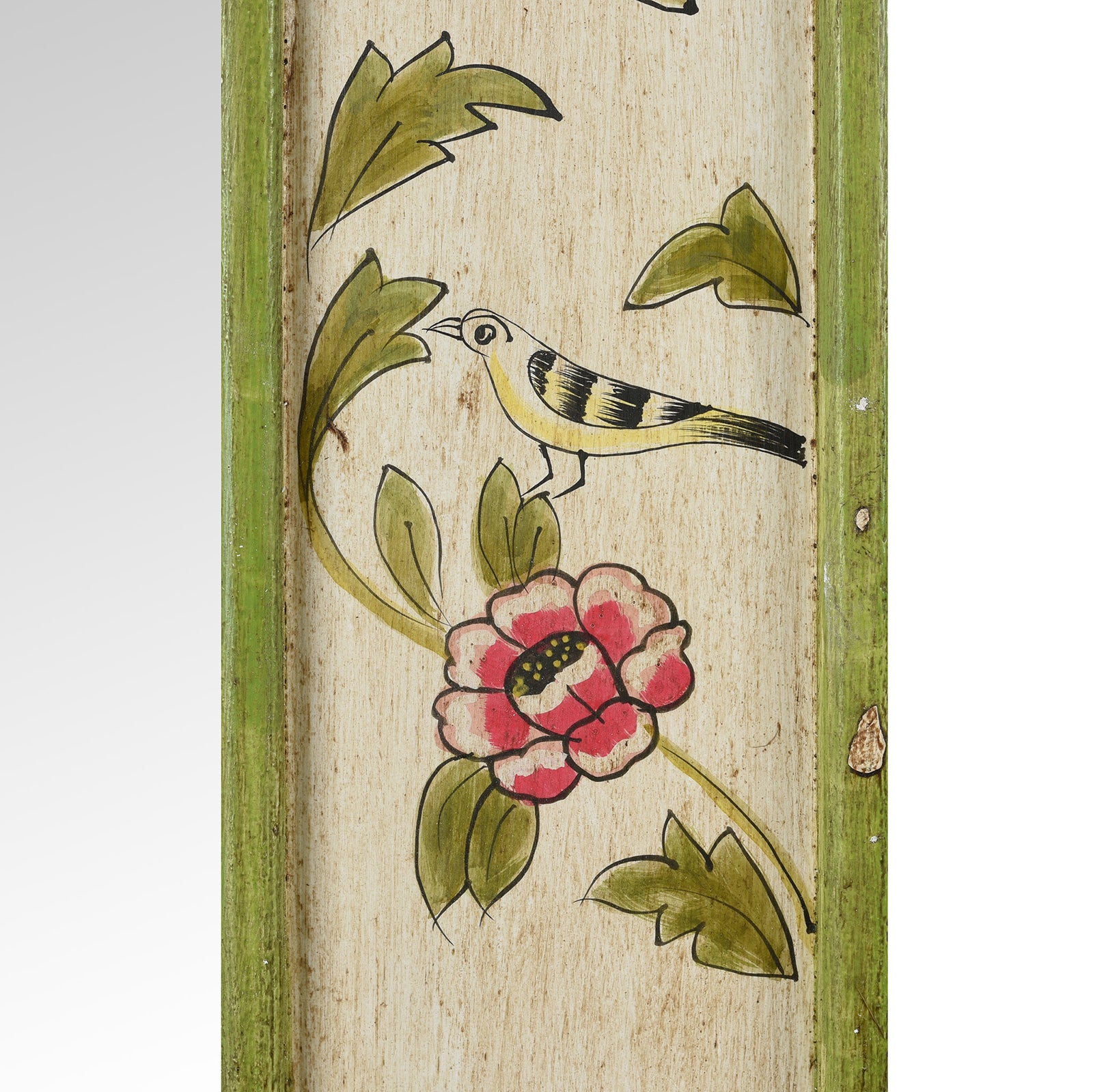 Bird On FLower Detail From Hand Painted Chintz Style Mirror From Rajasthan | Indigo Antiques
