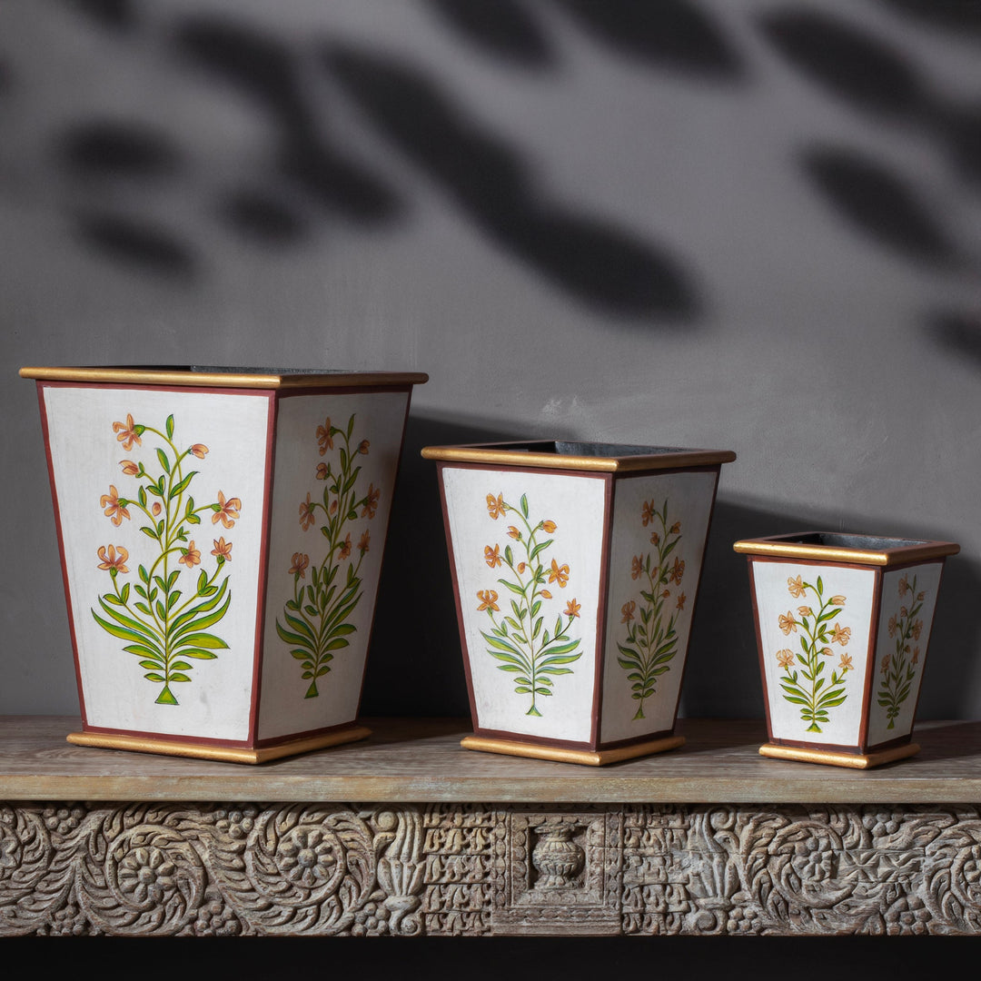 Collection Of Hand painted Indian waste paper bins | Indigo Antiques