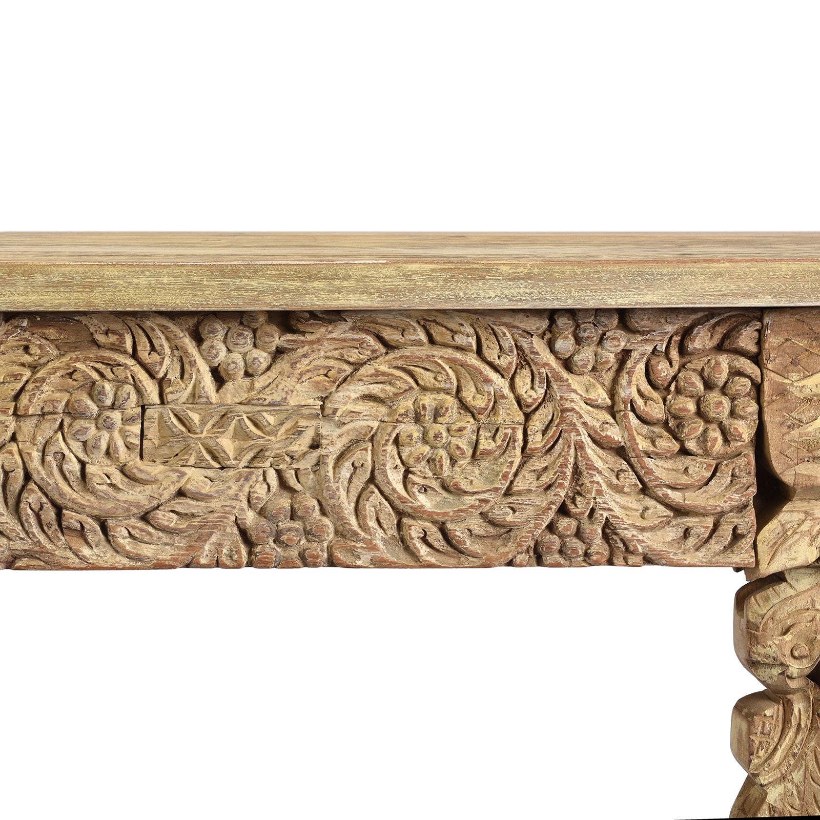 Carving Detail From Reclaimed Teakwood Console Table With Painted Finish | Indigo Antiques