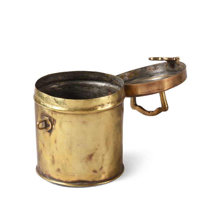 Open Lid View Of Vintage Indian Brass Food Caddy From Bombay | Indigo Antiques
