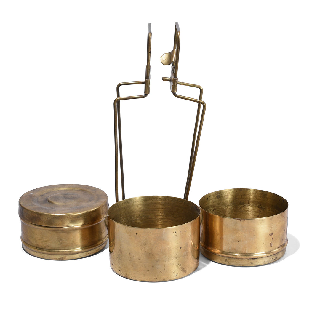 Deconstructed VIew Of Antique Indian 3 Tier Brass Tiffin Box | Indigo Antiques