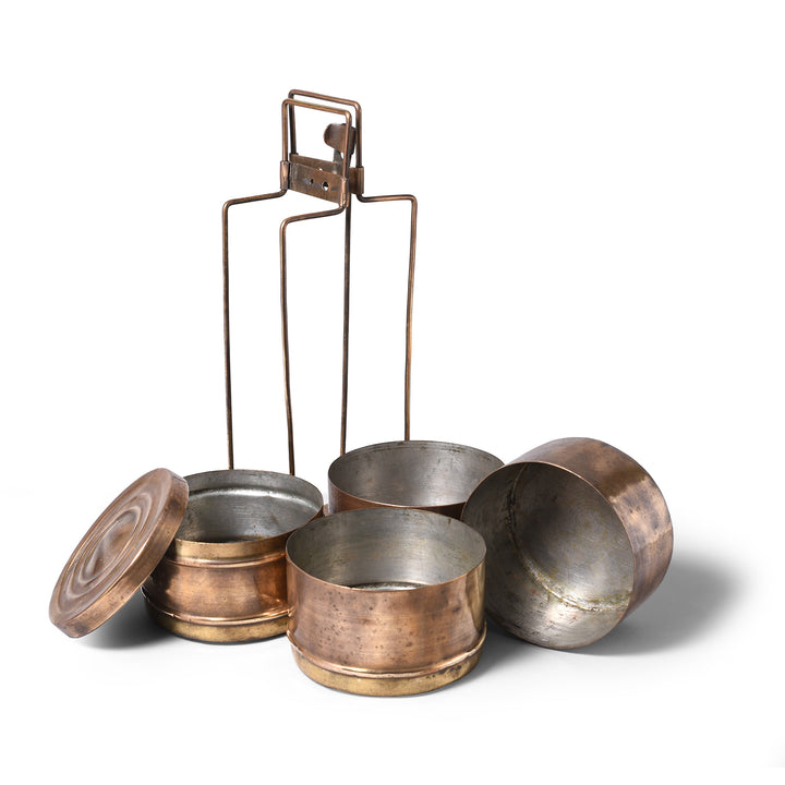 4 Tier Indian Vintage Brass Tiffin Box Set | Indigo Antiques