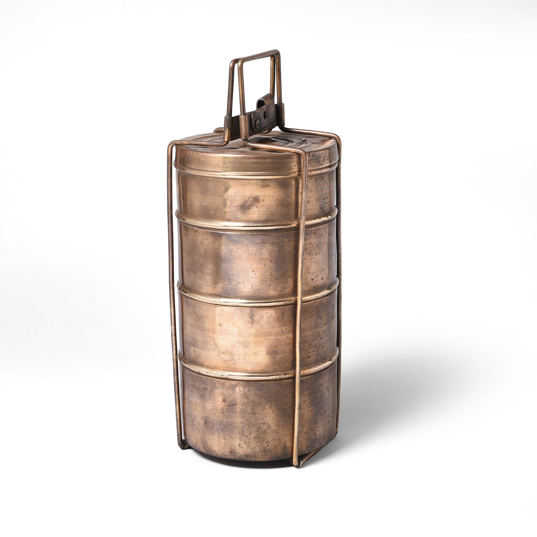 4 Tier Indian Vintage Brass Tiffin Box Set | Indigo Antiques