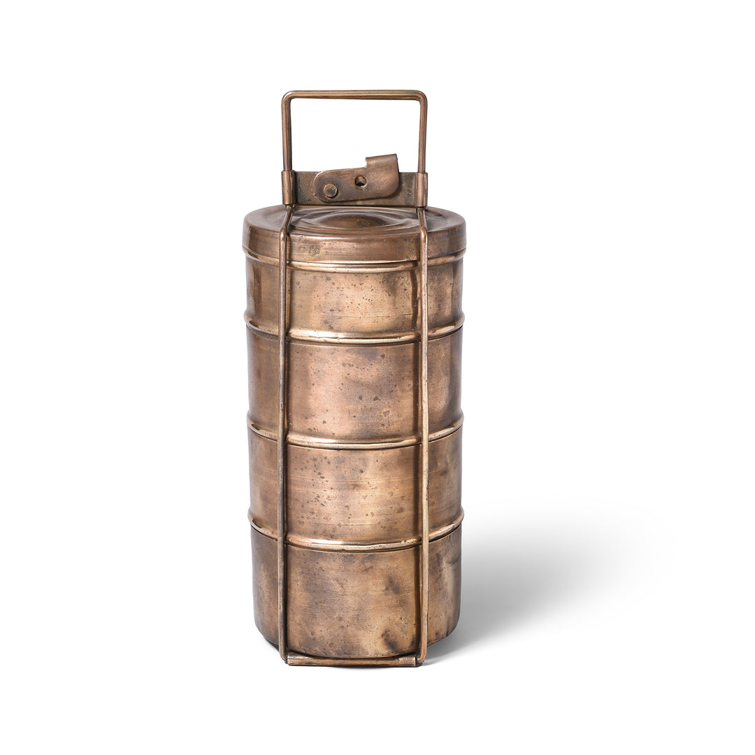 4 Tier Indian Vintage Brass Tiffin Box Set | Indigo Antiques