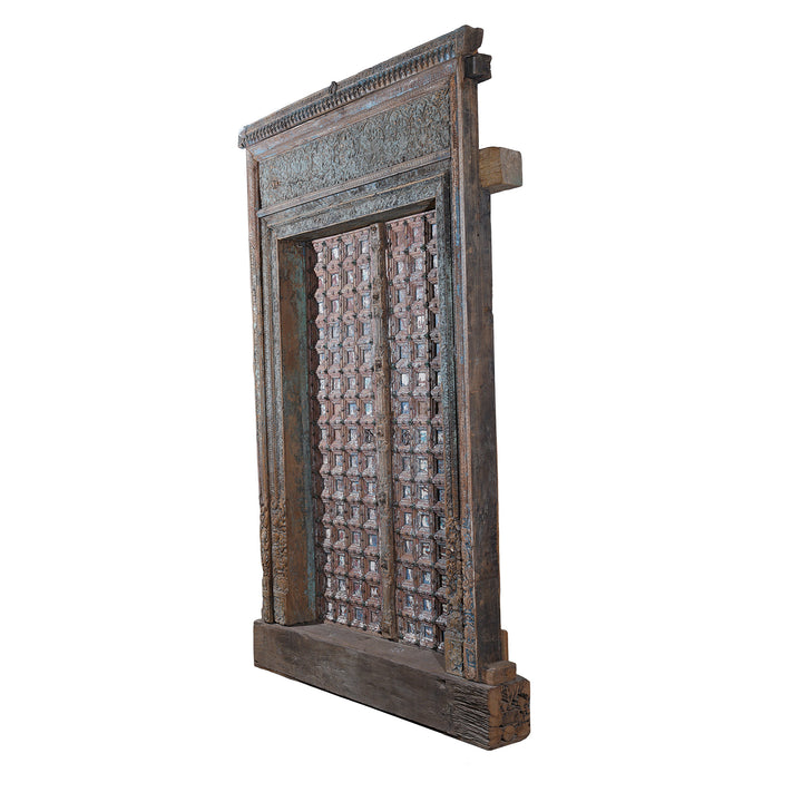 Angled View Of Carved 19th Century Teak Door From Punjabi Haveli