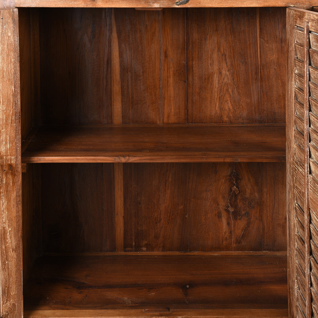 Interior Detail From Reclaimed Teak 4 Door Louvre Sideboard | INDIGO ANTIQUES