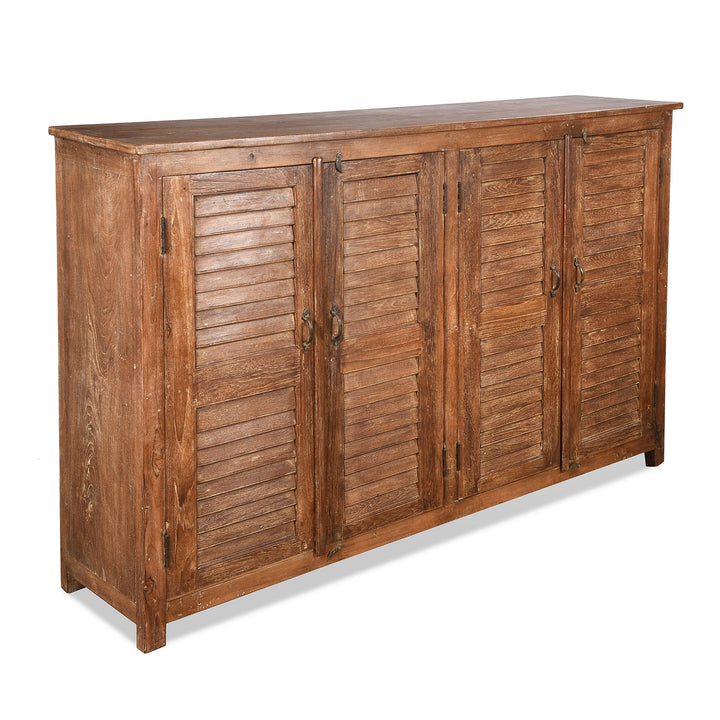 Angled View Of Reclaimed Teak 4 Door Louvre Sideboard | INDIGO ANTIQUES