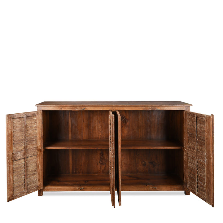 Open Doors View Of Reclaimed Teak 4 Door Louvre Sideboard | INDIGO ANTIQUES