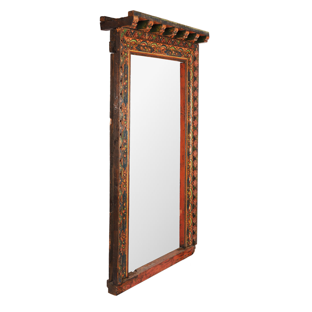 Angled VIew Of Antique Mirror Made From An Old Tibetan Door Frame | Indigo Antiques
