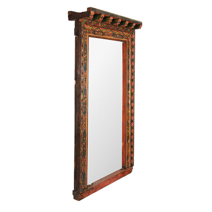 Angled VIew Of Antique Mirror Made From An Old Tibetan Door Frame | Indigo Antiques
