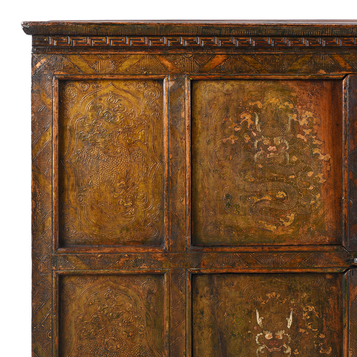Corner Detail From Antique Gold Painted Tibetan Altar Cabinet | Indigo Antiques