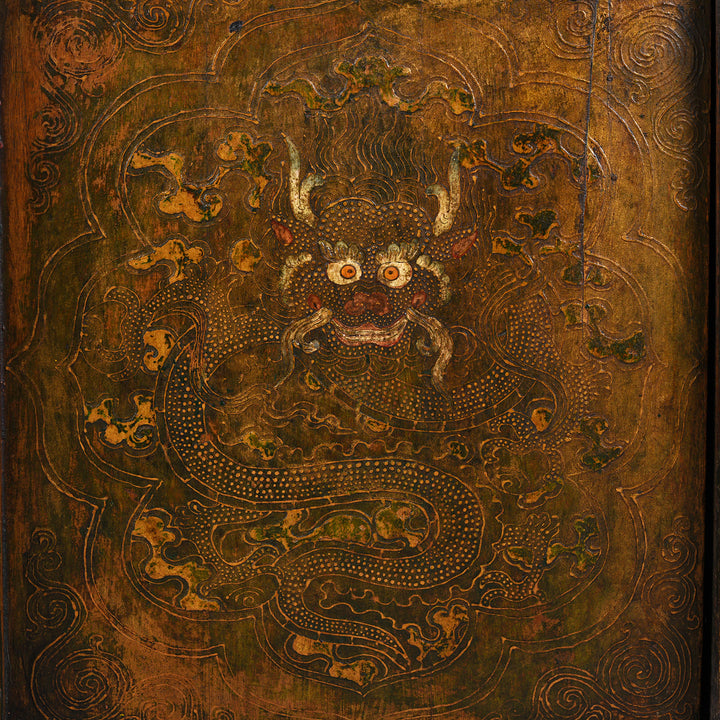 Dragon Detail From Antique Gold Painted Tibetan Altar Cabinet | Indigo Antiques