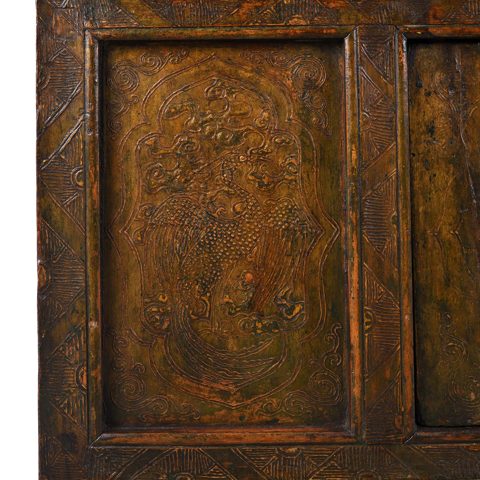 Phoenix Detail From Antique Gold Painted Tibetan Altar Cabinet | Indigo Antiques