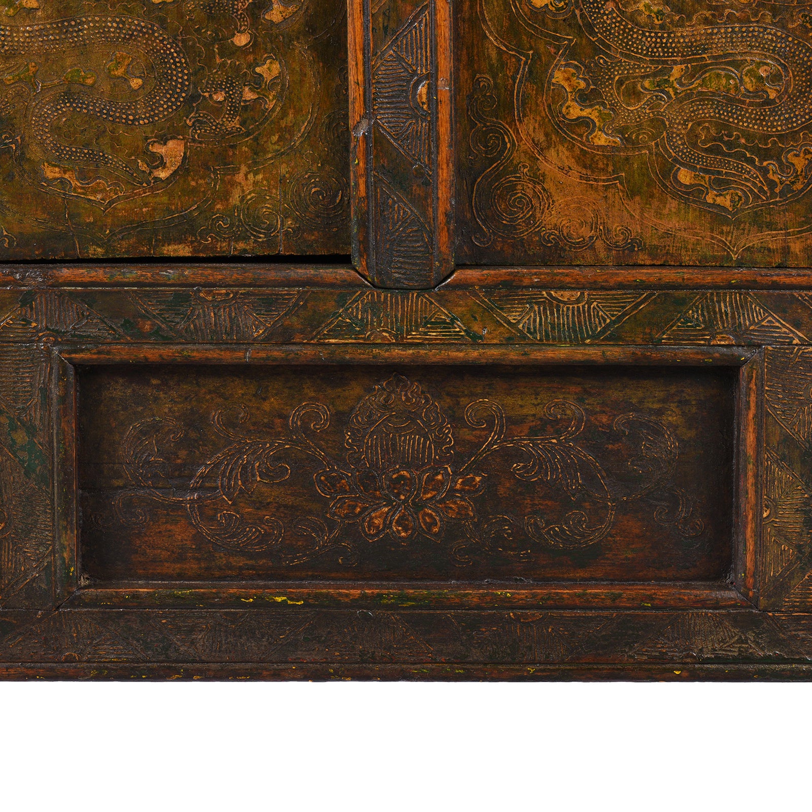 Lotus detail From Antique Gold Painted Tibetan Altar Cabinet | Indigo Antiques