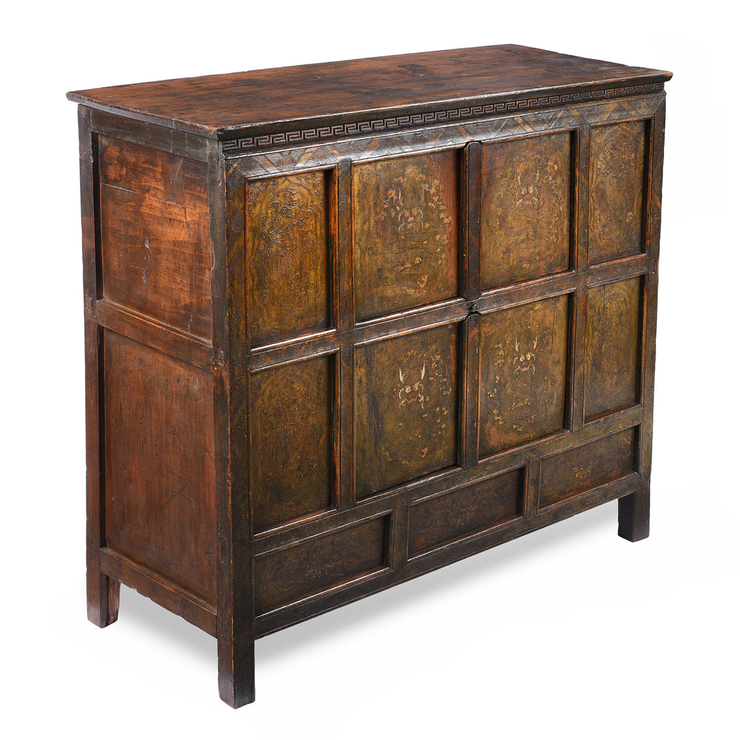 Angled View Of Antique Gold Painted Tibetan Altar Cabinet | Indigo Antiques