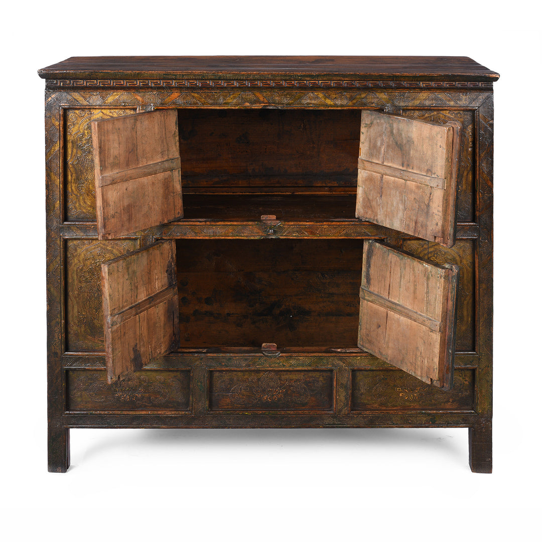 Open Doors View Of Antique Gold Painted Tibetan Altar Cabinet | Indigo Antiques